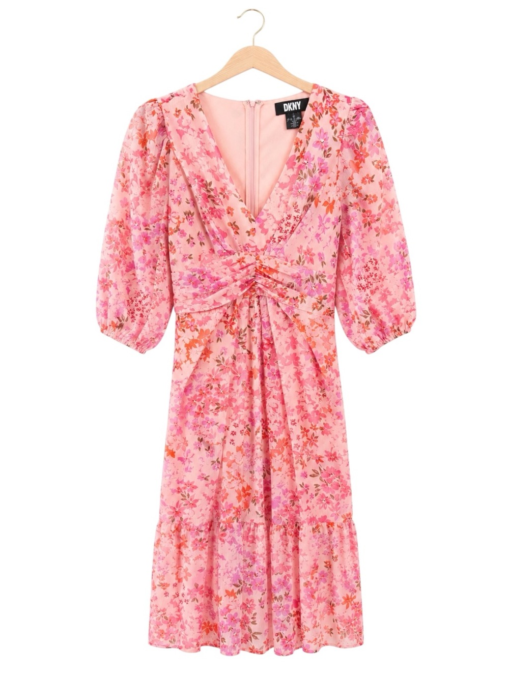 DKNY Floral Tiered Midi Dress‎ Size 2 Small Puff Sleeves Wedding Guest Brunch